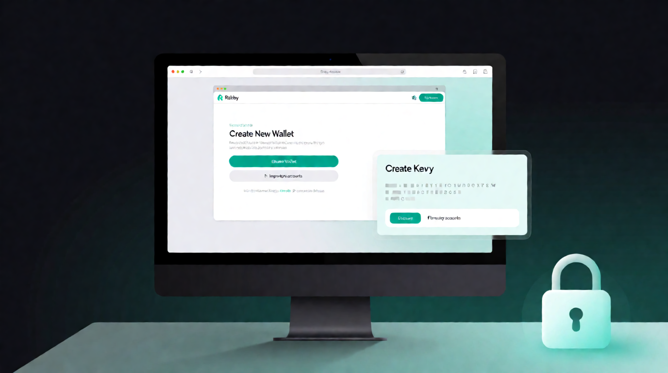 Illustration of a computer screen showing Rabby Wallet installation and login, with a seed phrase card and lock symbol for security.