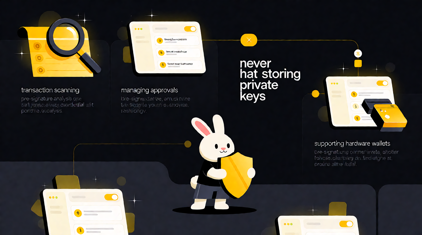 Infographic comparing Rabby Wallet security features to MetaMask, showing transaction scanning, approval management, hardware wallet support, and no key storage, in Rabby Wallet's brand style.