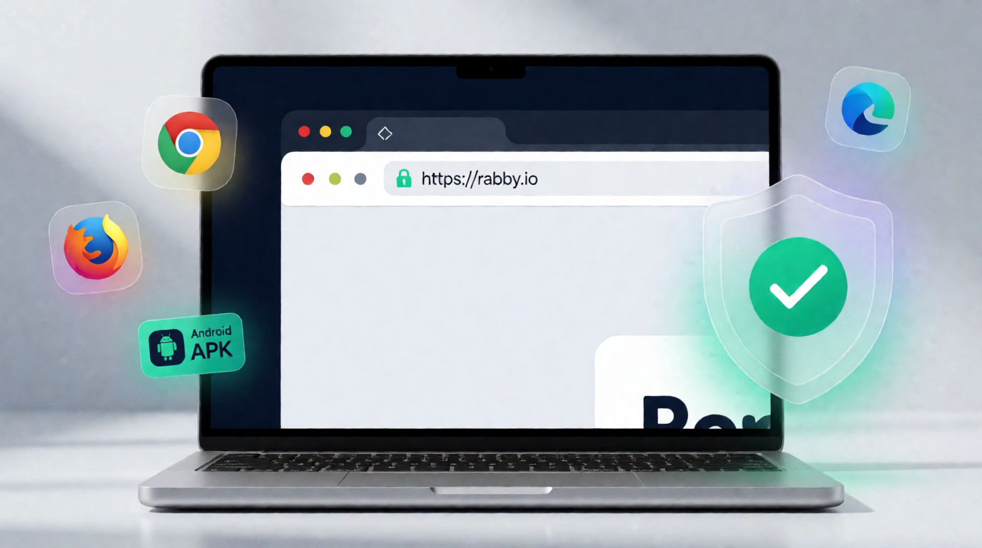 Laptop screen displaying the official Rabby Wallet website with a secure padlock icon in the browser, surrounded by supported extension and mobile platform icons, conveying safe download verification.