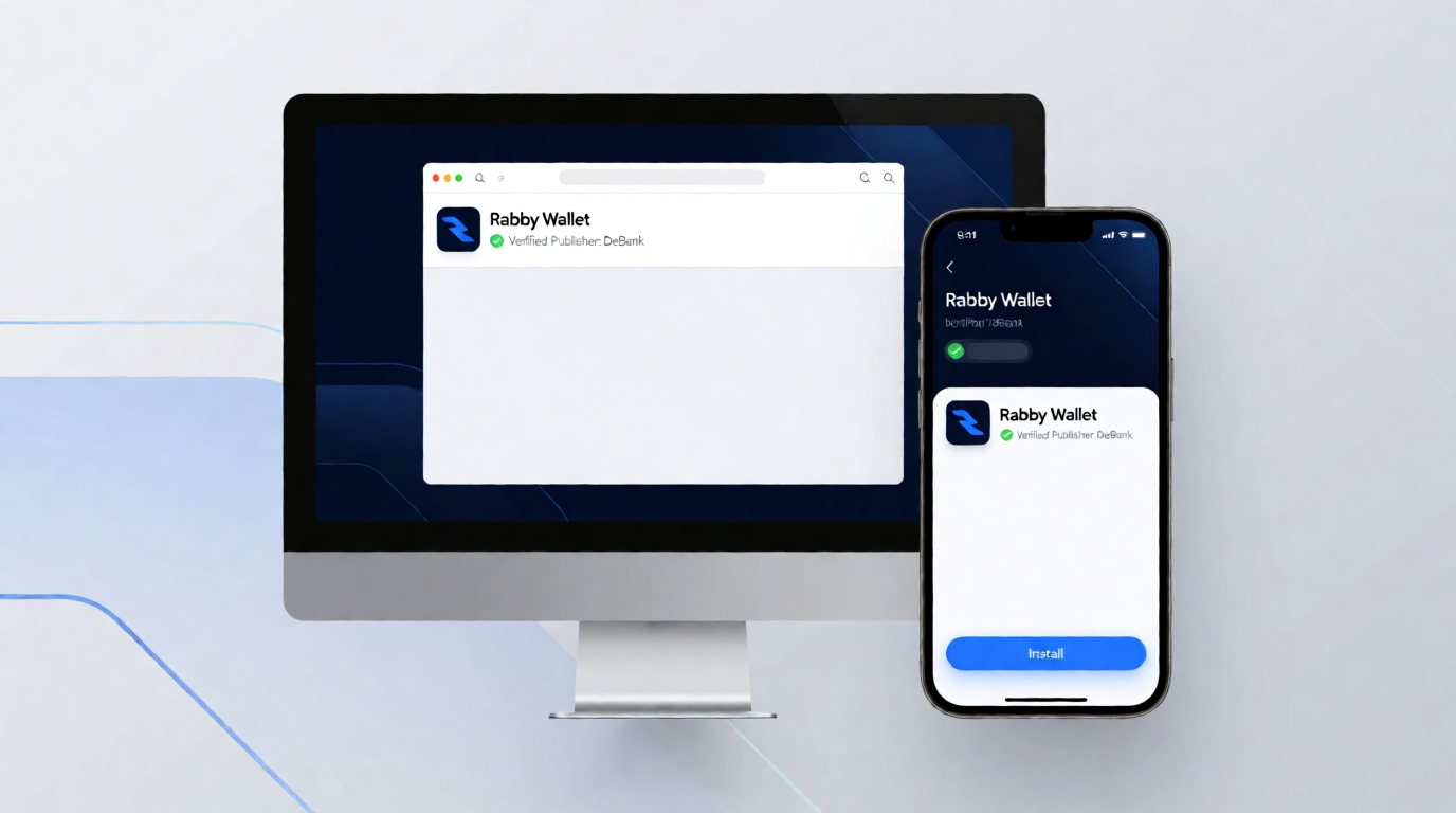 Illustration of Rabby Wallet download and installation on computer and mobile devices, highlighting official sources and verified publisher DeBank.