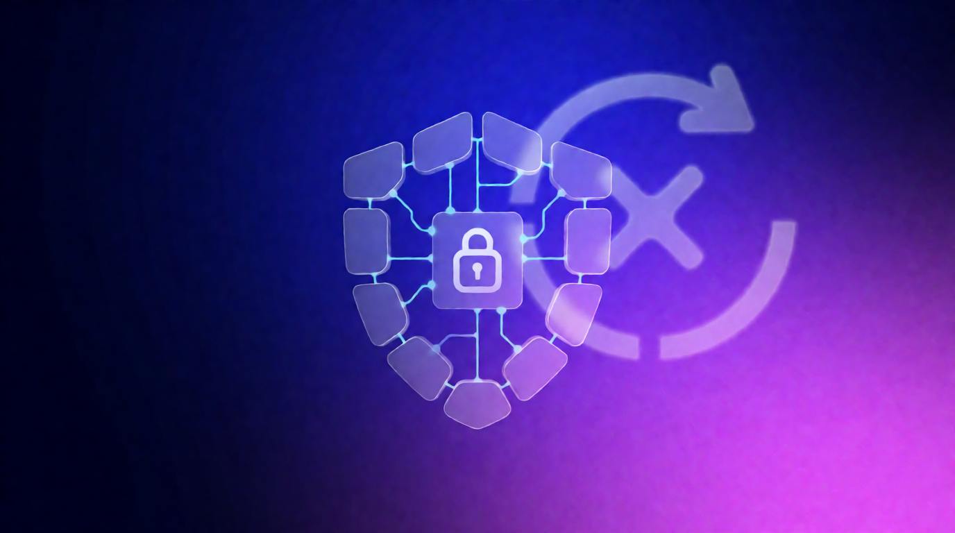 Abstract brand visual for Rabby Wallet with a shield, segmented data blocks, a padlock, and a revoke symbol representing privacy tools.