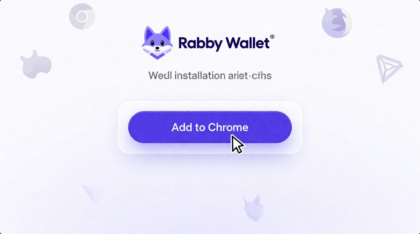 Illustration of a browser window with the Rabbit Wallet extension installation page, featuring the Rabby logo and an 'Add to Chrome' button being clicked.